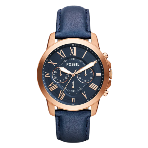 [READY STOCK] FOSSIL GRANT CHRONOGRAPH BLUE DIAL ROSEGOLD CASE NAVY BLUE LEATHER MENS WATCH FS4835
