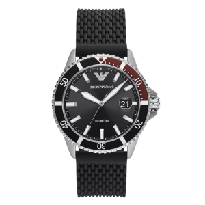[READY STOCK] EMPORIO ARMANI DIVER BLACK DIAL BLACK SILICONE MENS WATCH AR11341