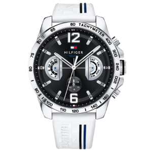 [READY STOCK] TOMMY HILFIGER DECKER BLACK DIAL SILVER CASE WHITE SILICONE MENS WATCH 1791475