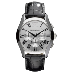 [READY STOCK] EMPORIO ARMANI VALENTE CHRONOGRAPH SILVER DIAL BLACK LEATHER MENS WATCH AR0669
